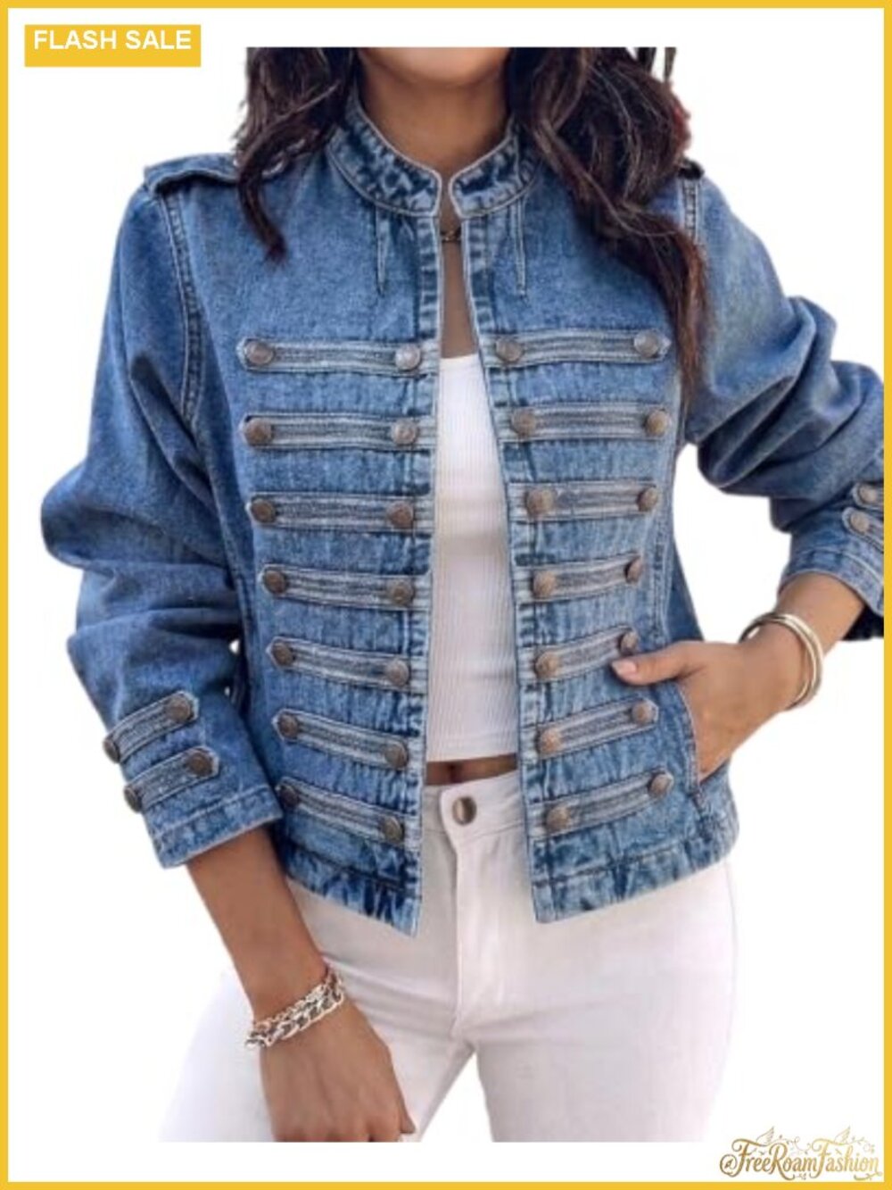 Women's Denim Jacket Military Coat Cotton Blend with Pocket